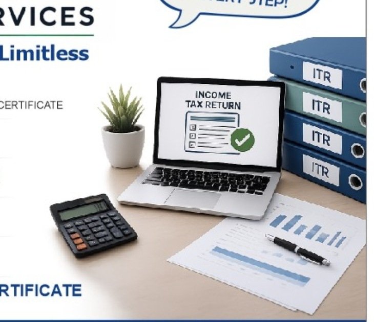 Business workspace with laptop, financial documents and calculator